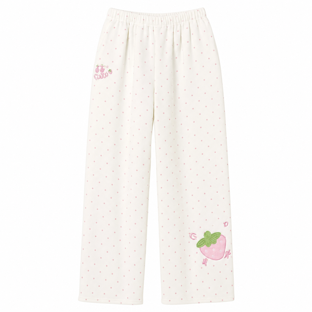 Women's White Strawberry Embroidered Polka-Dot Pants