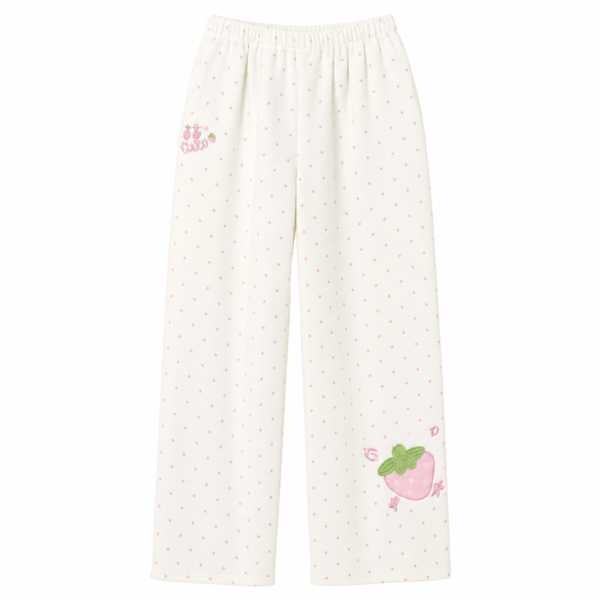 Women's White Strawberry Embroidered Polka-Dot Pants