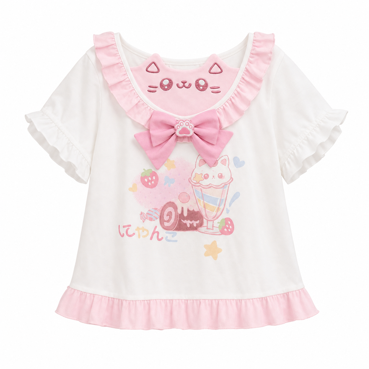 Kawaii Cat Print Ruffle T-Shirt with Bow Detail