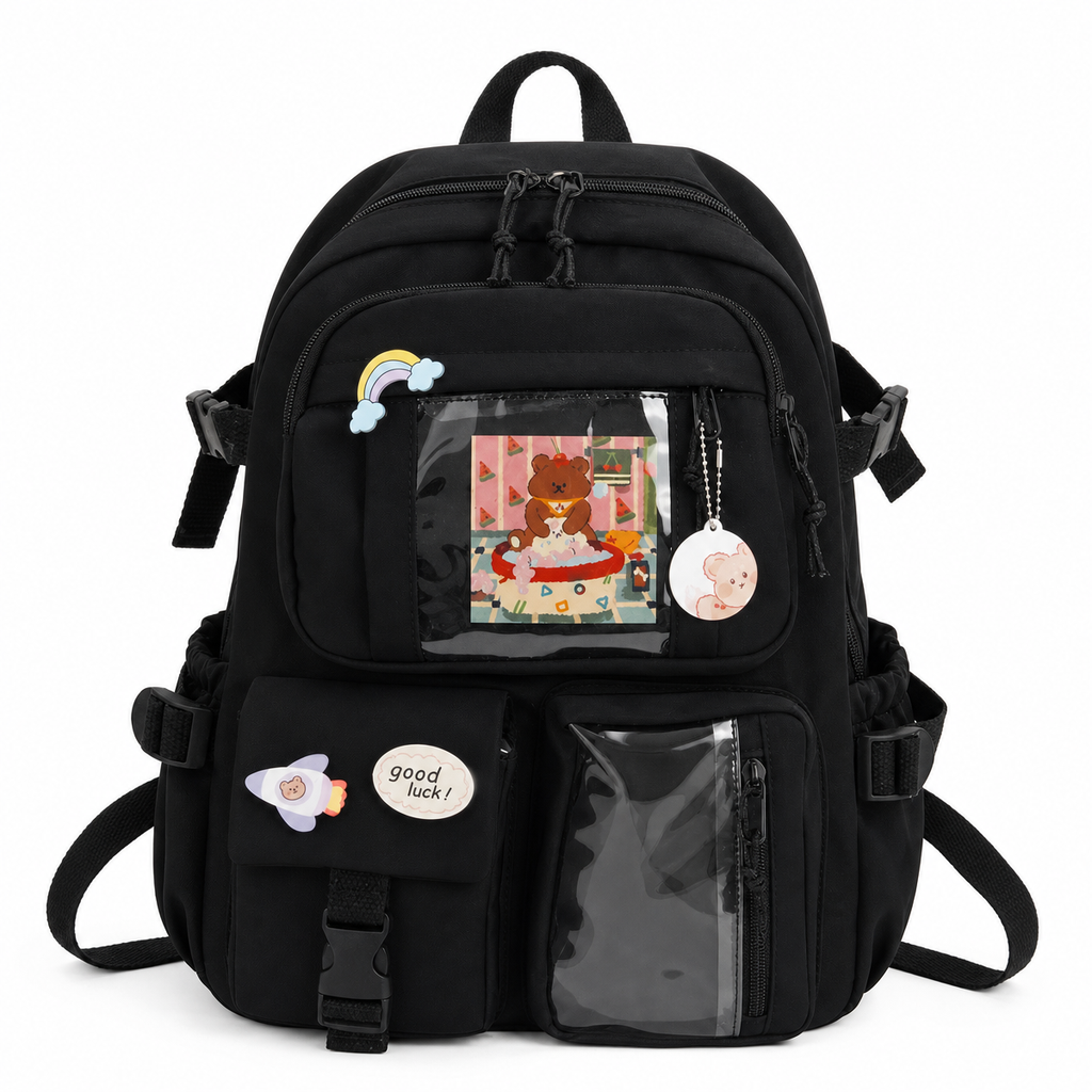 Kawaii Multi-Pocket Nylon Backpack with Laptop Compartment