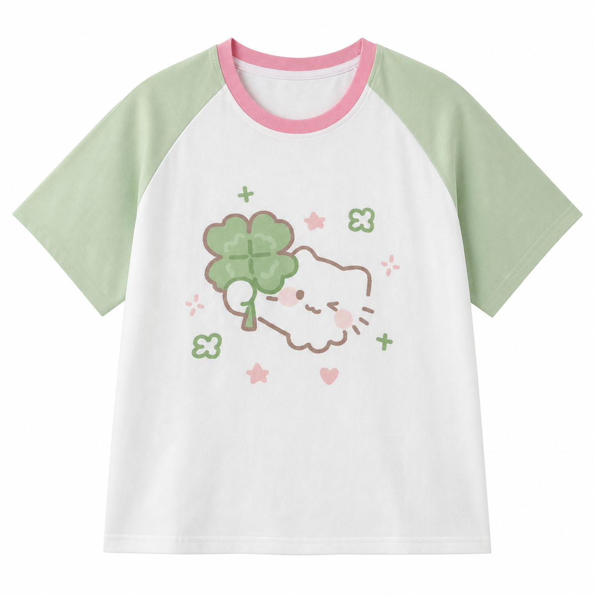 Cute Cartoon Cat Graphic T-Shirt – Pink and Green Contrast