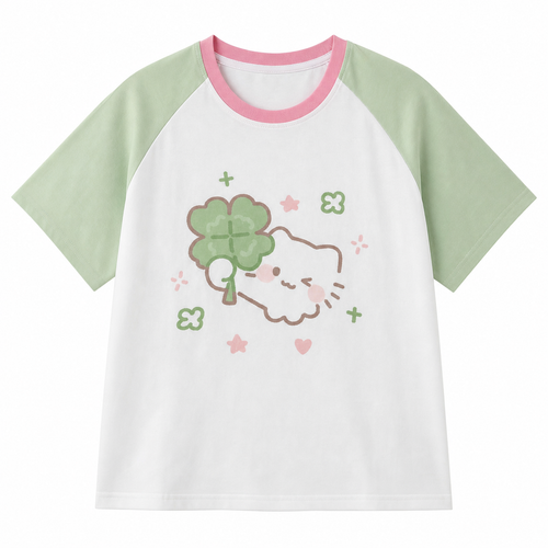 Cute Cartoon Cat Graphic T-Shirt – Pink and Green Contrast