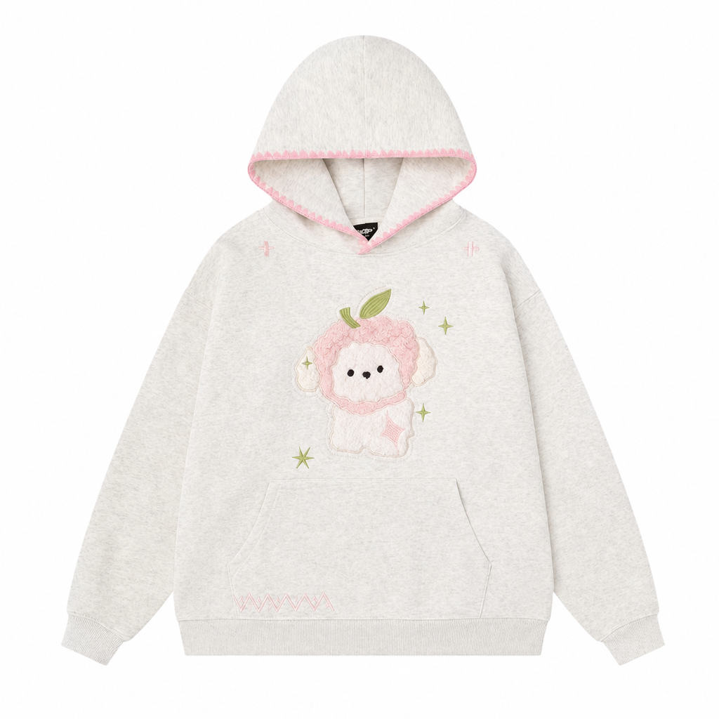 Women's Light Gray Embroidered Sheep Hooded Pullover Sweatshirt
