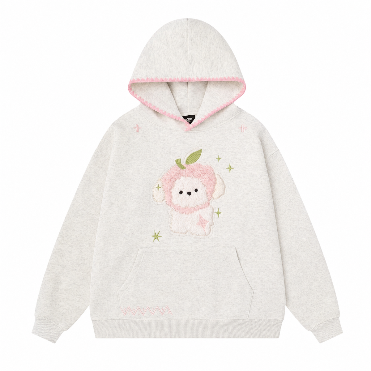 Women's Light Gray Embroidered Sheep Hooded Pullover Sweatshirt