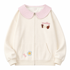 Women’s Cream Plaid Peter Pan Collar Dog Embroidery Zip-Up Sweatshirt