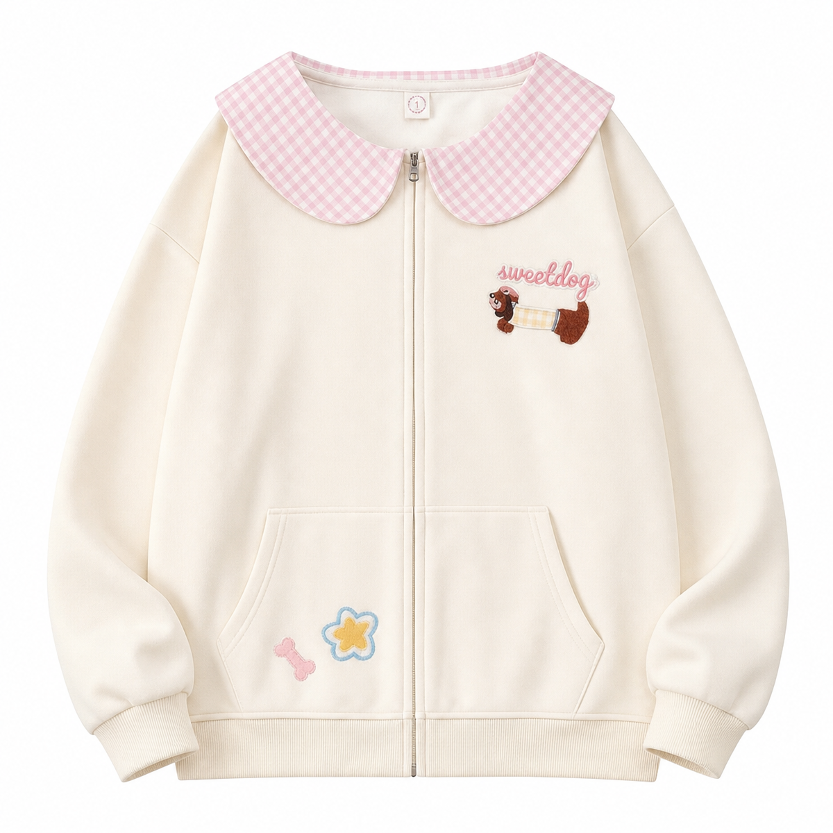 Women’s Cream Plaid Peter Pan Collar Dog Embroidery Zip-Up Sweatshirt