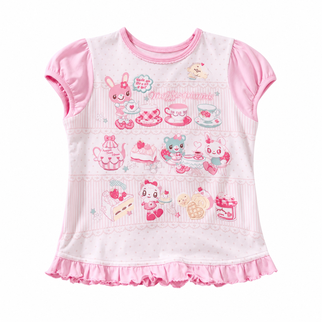 Pink Cartoon Print T-Shirt with Ruffle Hem