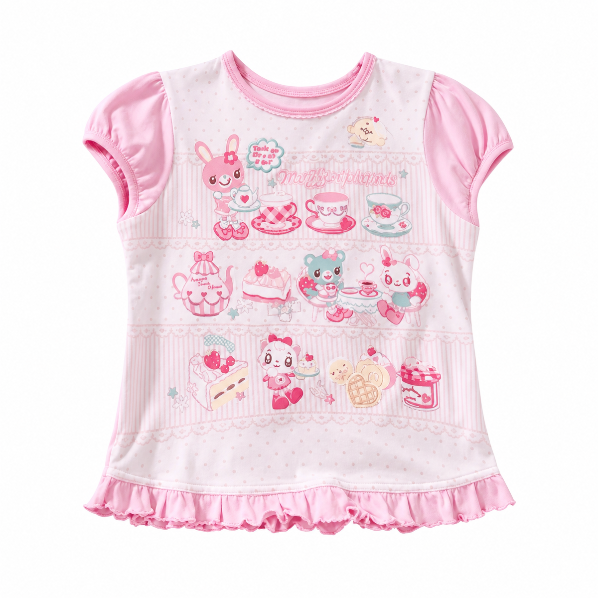 Pink Cartoon Print T-Shirt with Ruffle Hem