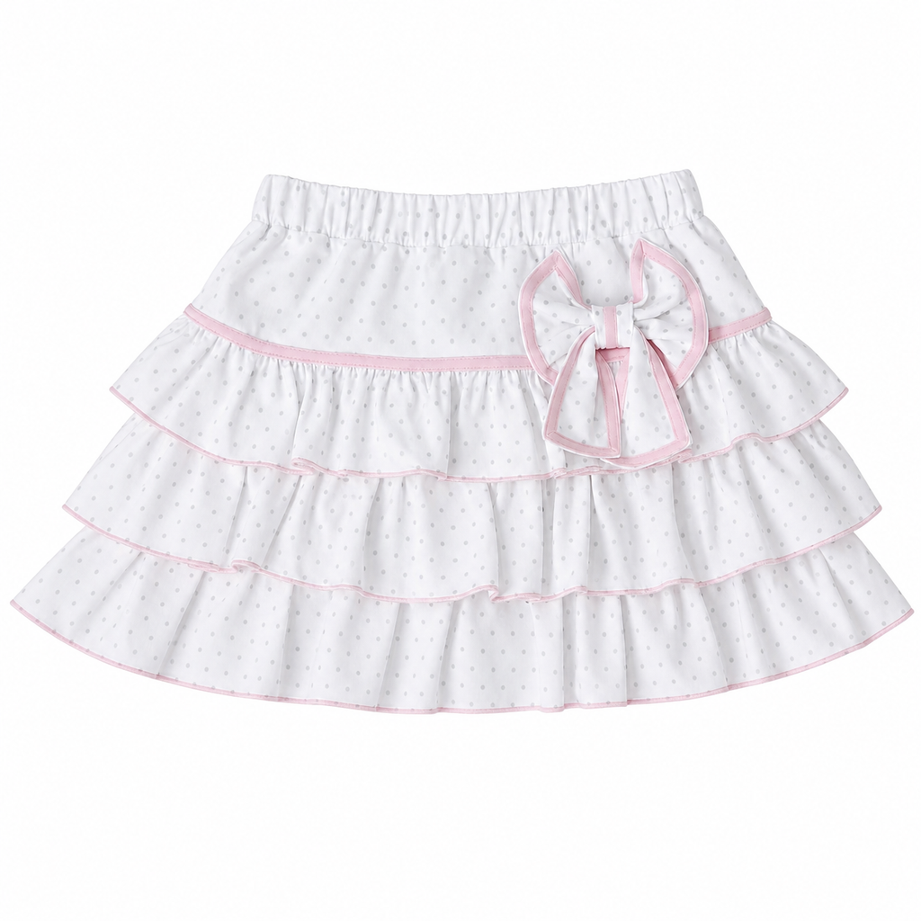 White Polka-Dot Ruffle Mini Skirt with Pink Bow