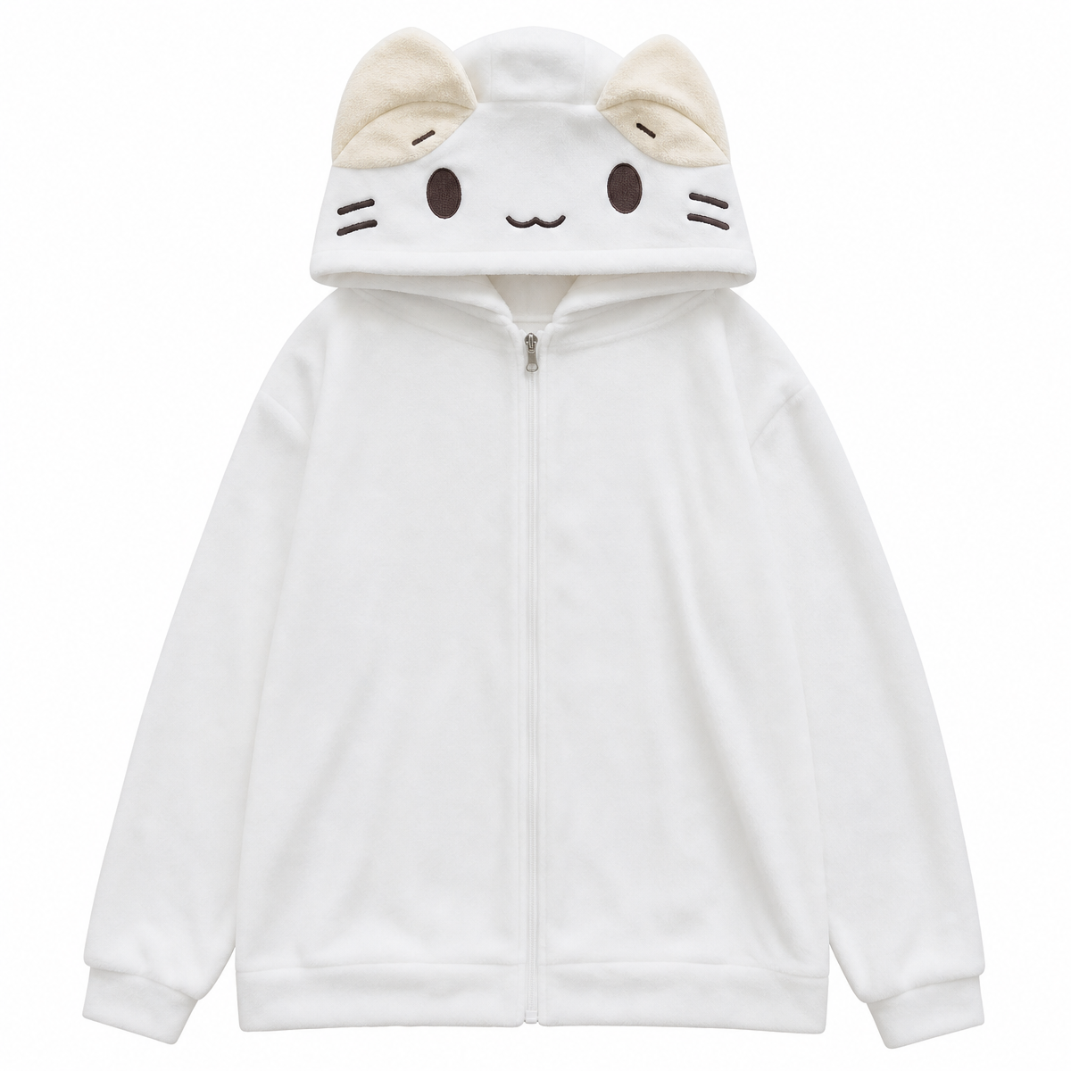 Women's White Cat-Ear Hooded Zip Jacket