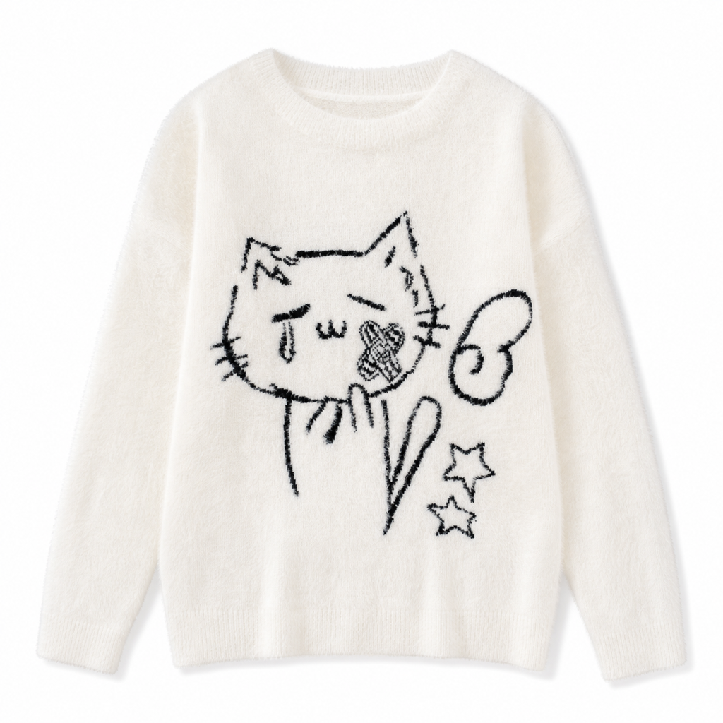 White Cat Graphic Knitted Pullover Sweater