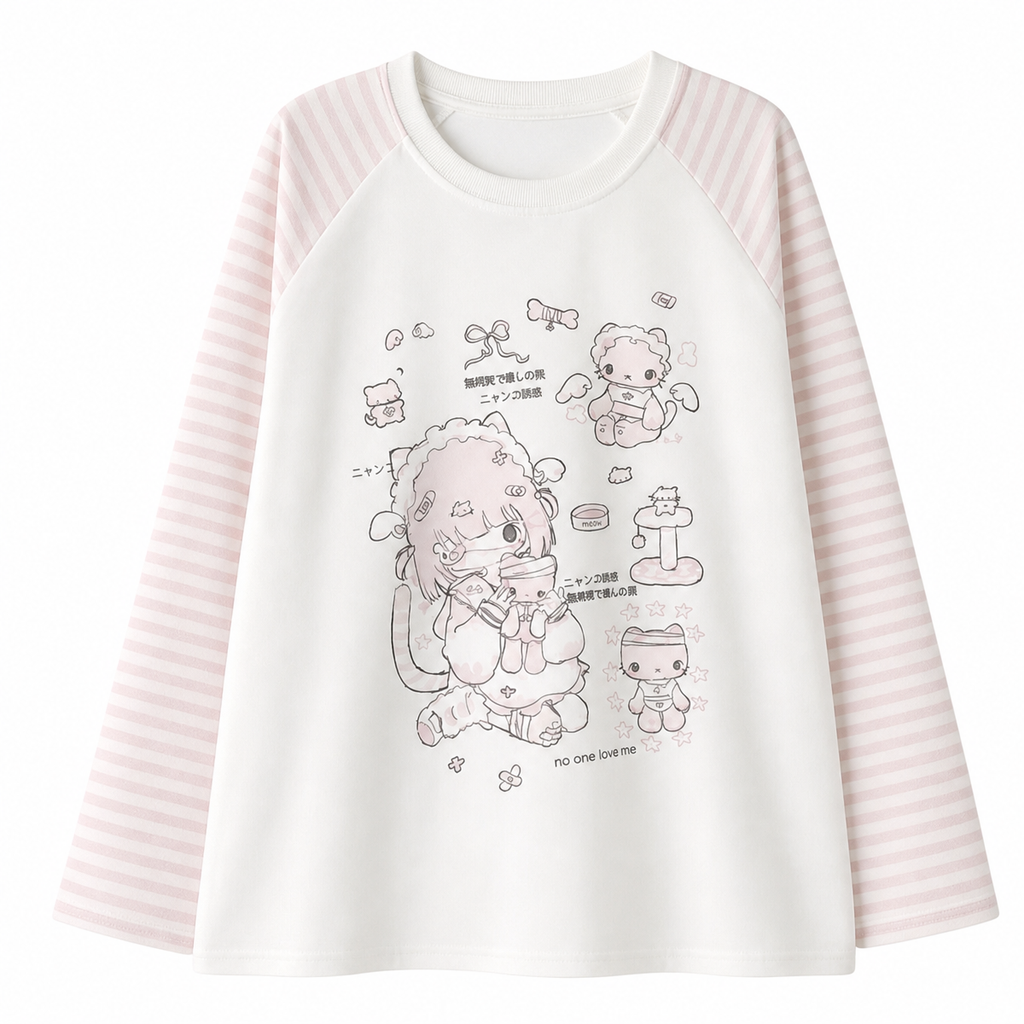 Women's Pink Striped-Sleeve Graphic Long-Sleeve T-Shirt