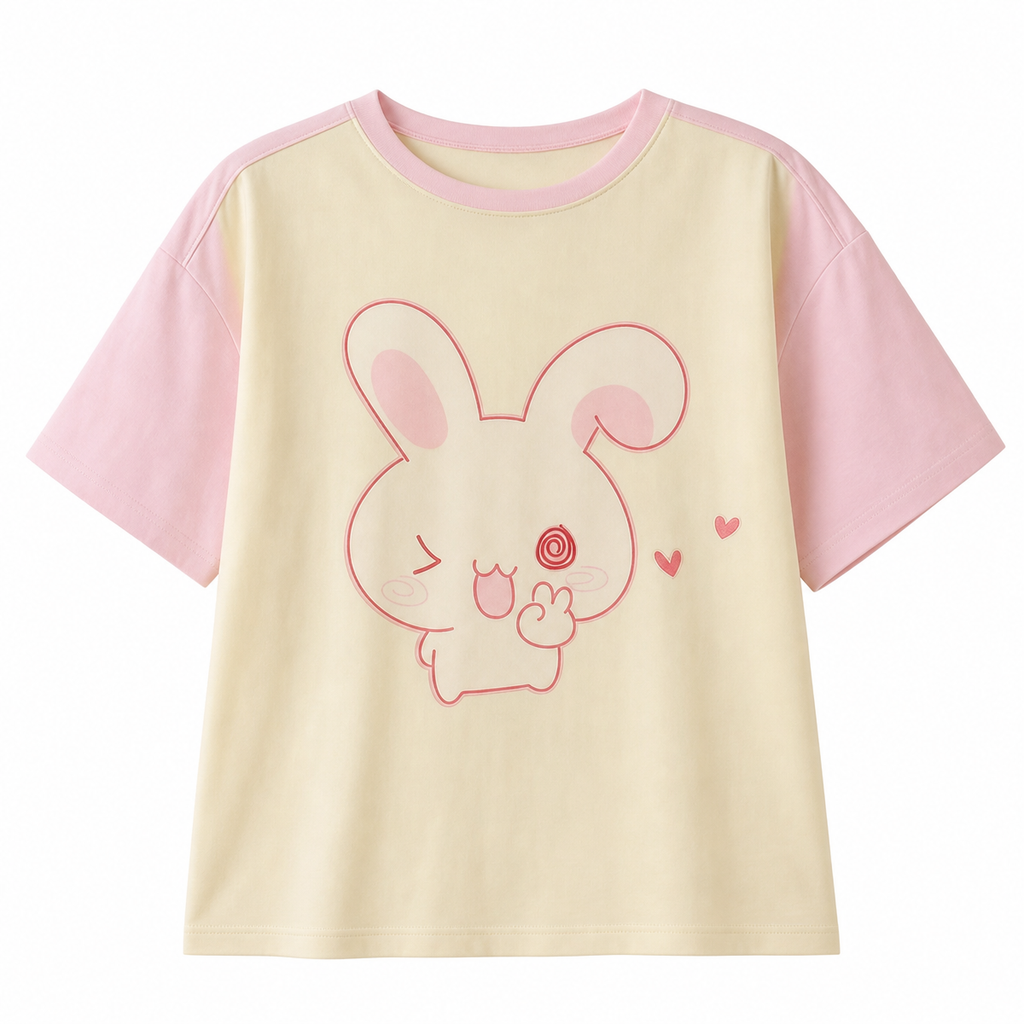 Kawaii Bunny Print T-Shirt with Pink Sleeves
