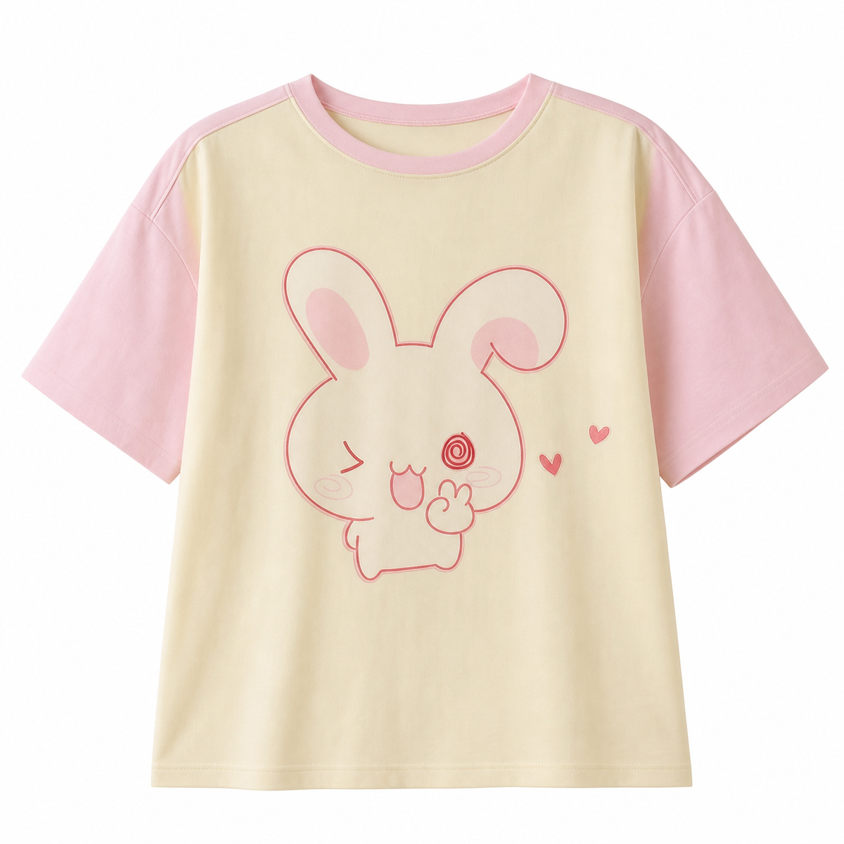 Kawaii Bunny Print T-Shirt with Pink Sleeves