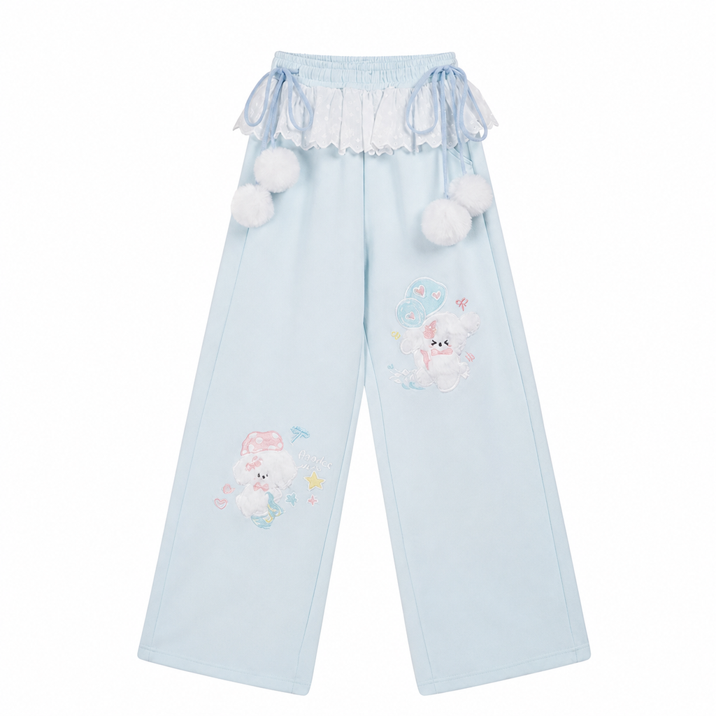 Women's Kawaii Cartoon Embroidered Wide-Leg Pants