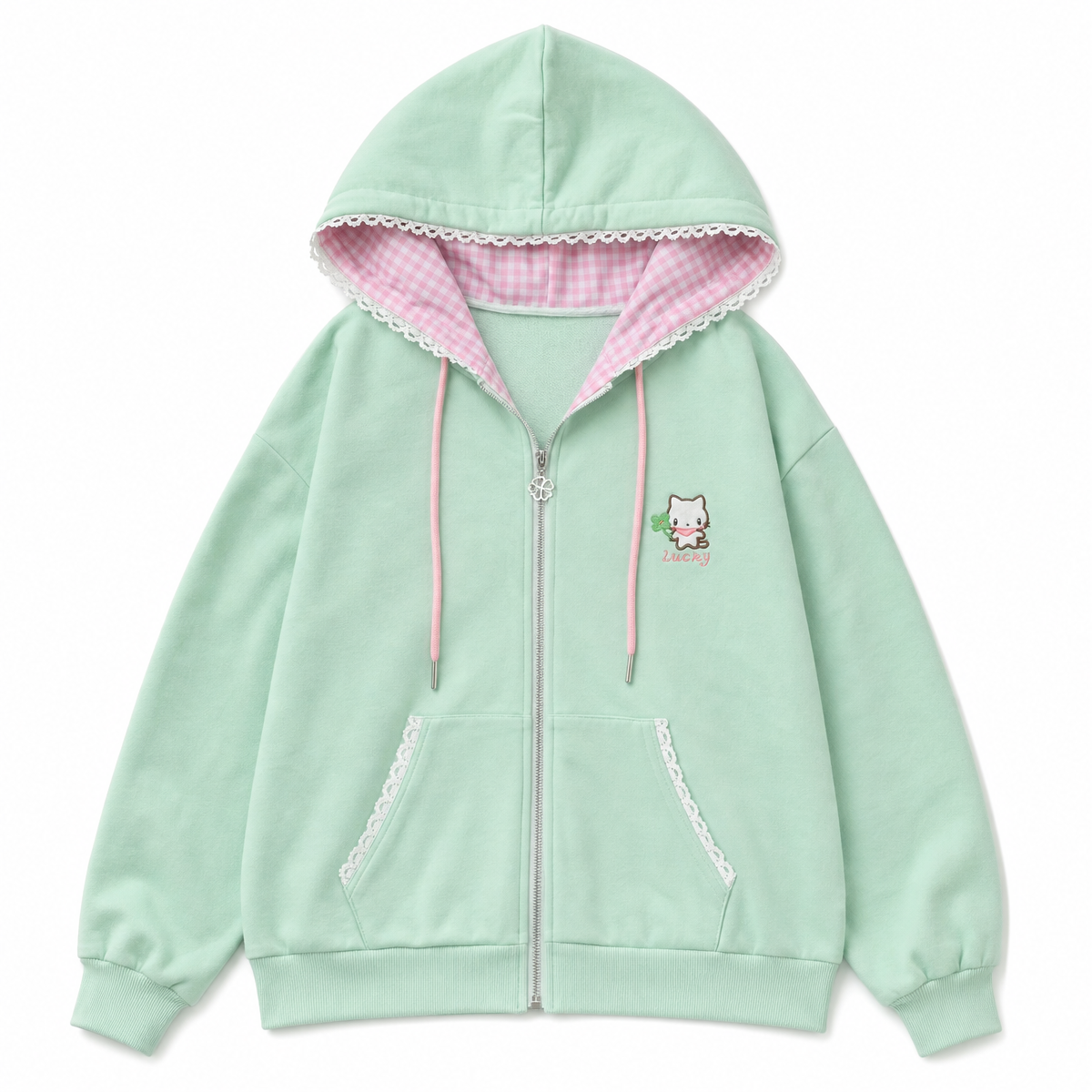 Kawaii Cat Embroidery Hooded Zip Hoodie
