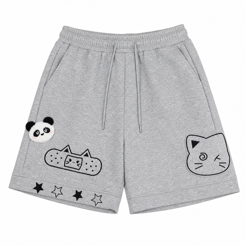 Kawaii Cat Appliqué Wide-Leg Shorts