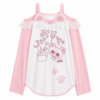 Pink Kawaii Graphic Long-Sleeve Top with Lace Trim