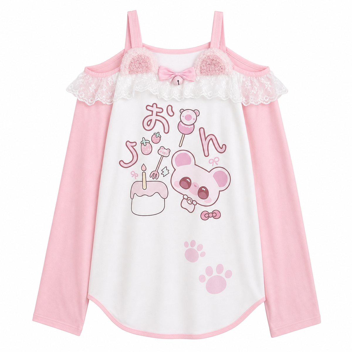 Pink Kawaii Graphic Long-Sleeve Top with Lace Trim