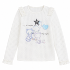 Women's White Cat-Print Polka-Dot Knit Long-Sleeve T-Shirt