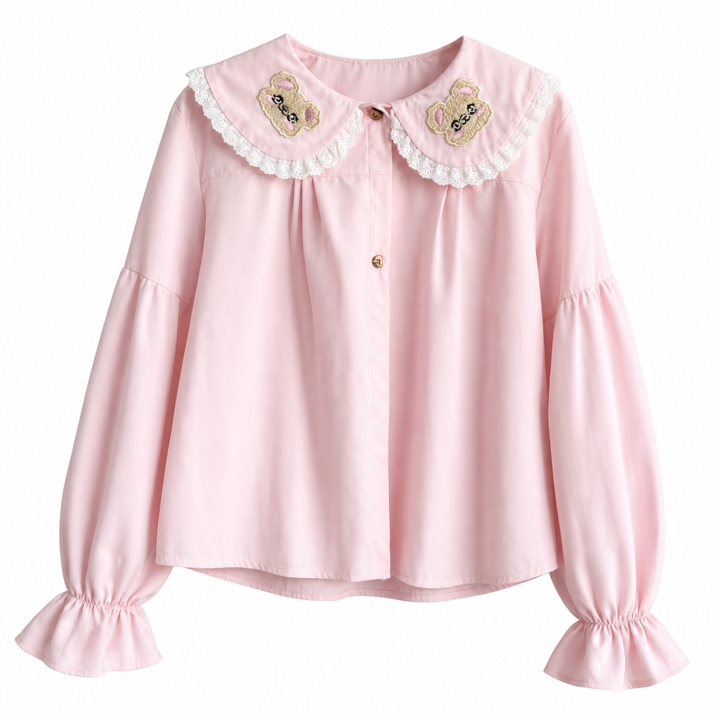 Pink Embroidered Peter Pan Collar Blouse with Lace Trim