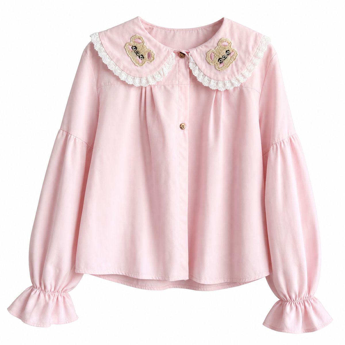 Pink Embroidered Peter Pan Collar Blouse with Lace Trim