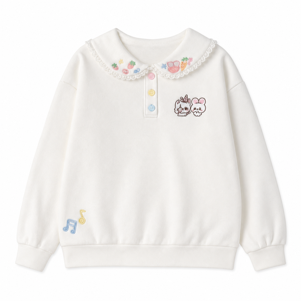 Kawaii Embroidered Lace-Collar Pullover Sweatshirt