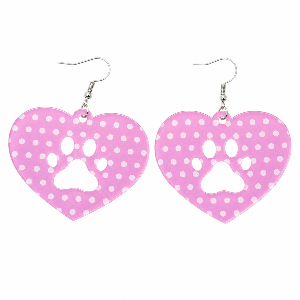 Pink Polka Dot Heart Cat Paw Drop Earrings