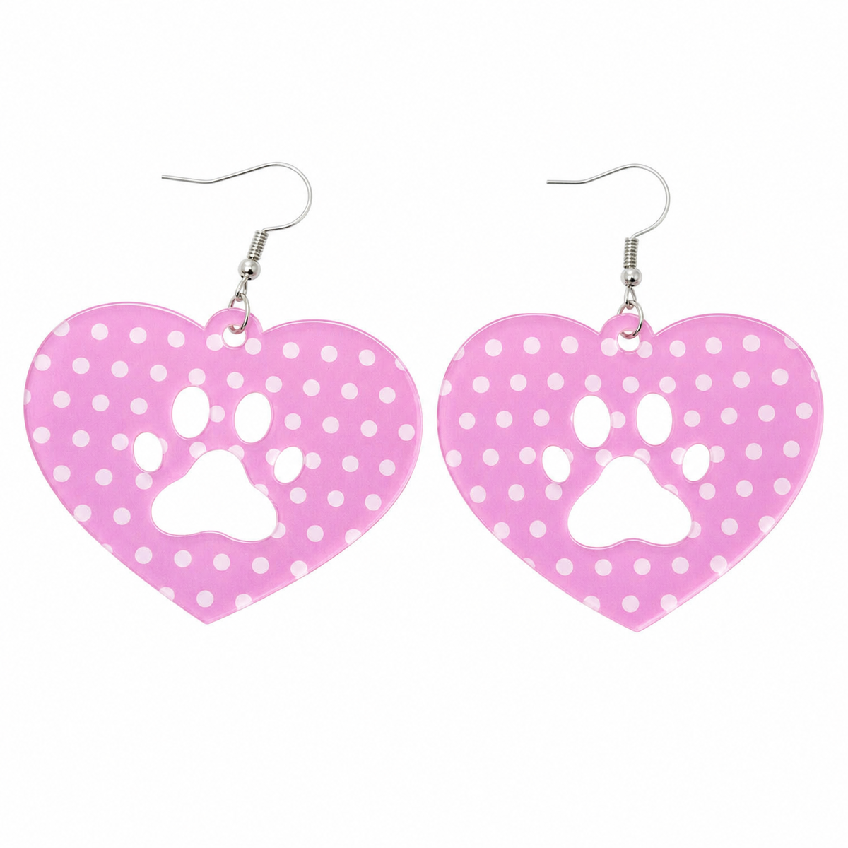 Pink Polka Dot Heart Cat Paw Drop Earrings