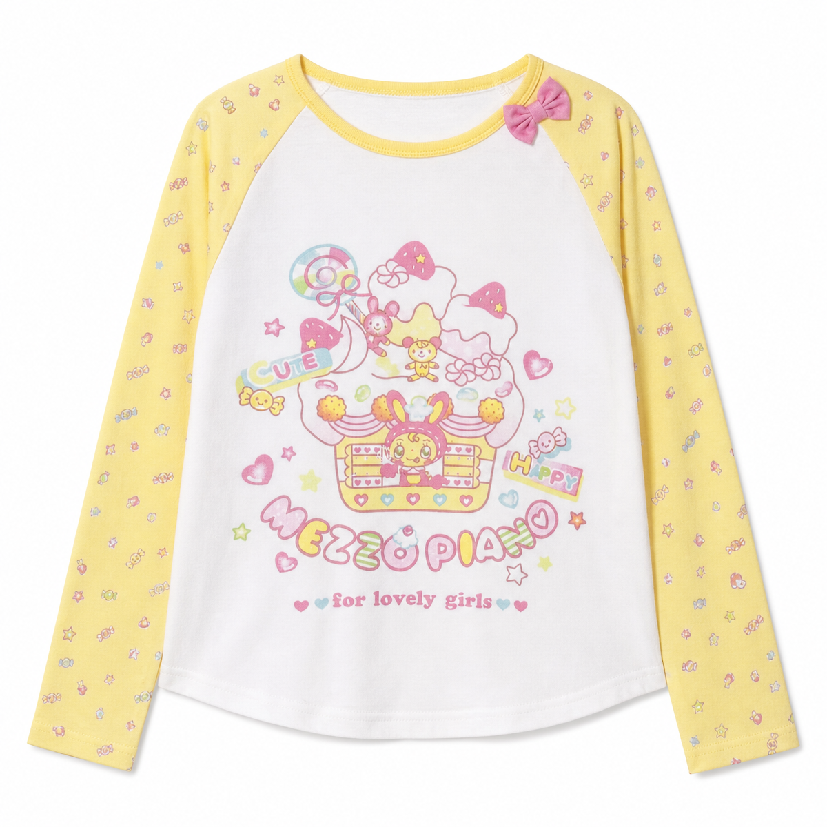 Kawaii Cartoon Graphic Long-Sleeve T-Shirt with Bow Detail