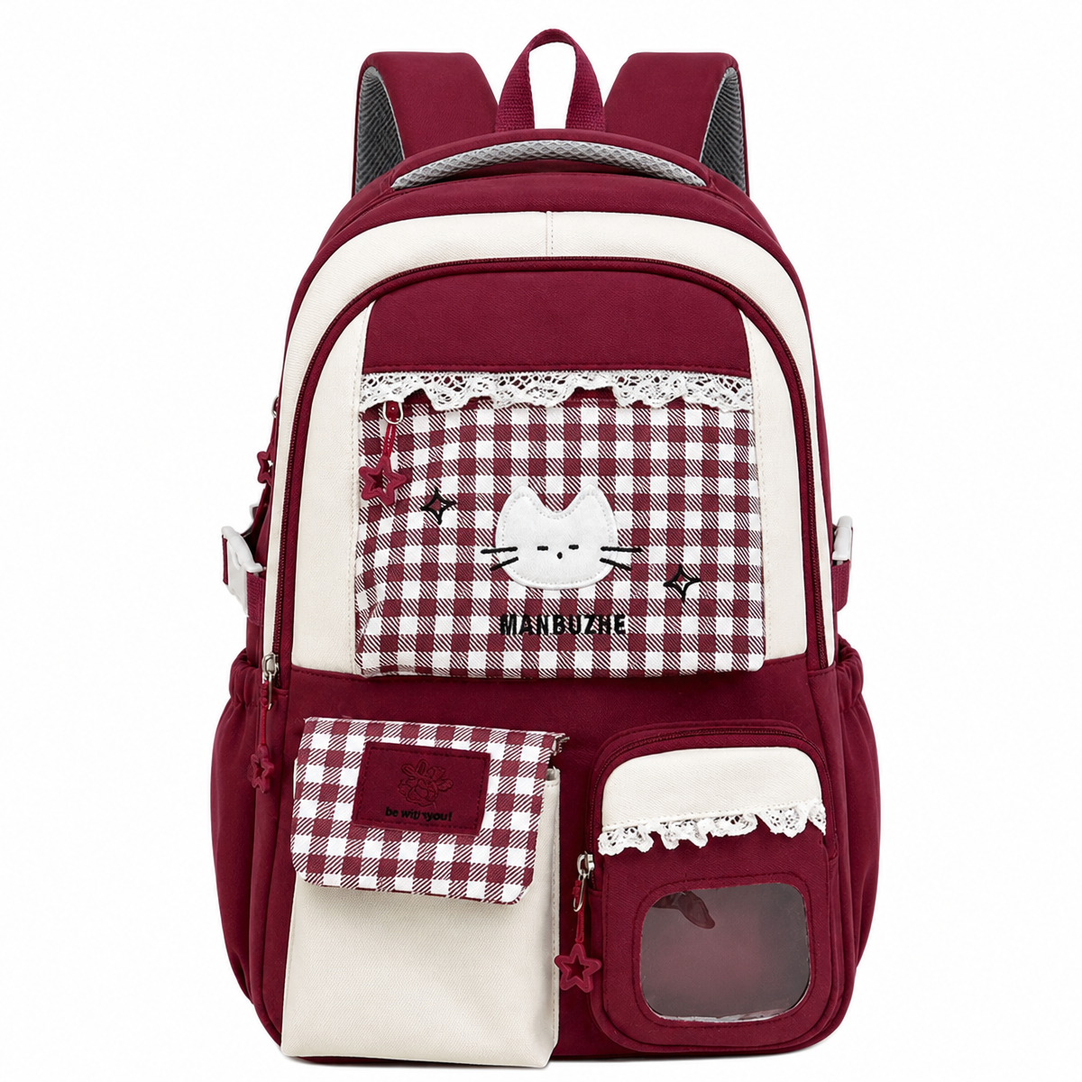 Kawaii Gingham Cat Backpack with Multiple Pockets