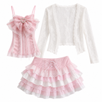 Women's Kawaii 3-Piece Skirt Set with Lace Bow
