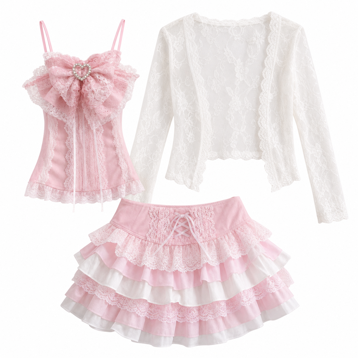 Women's Kawaii 3-Piece Skirt Set with Lace Bow
