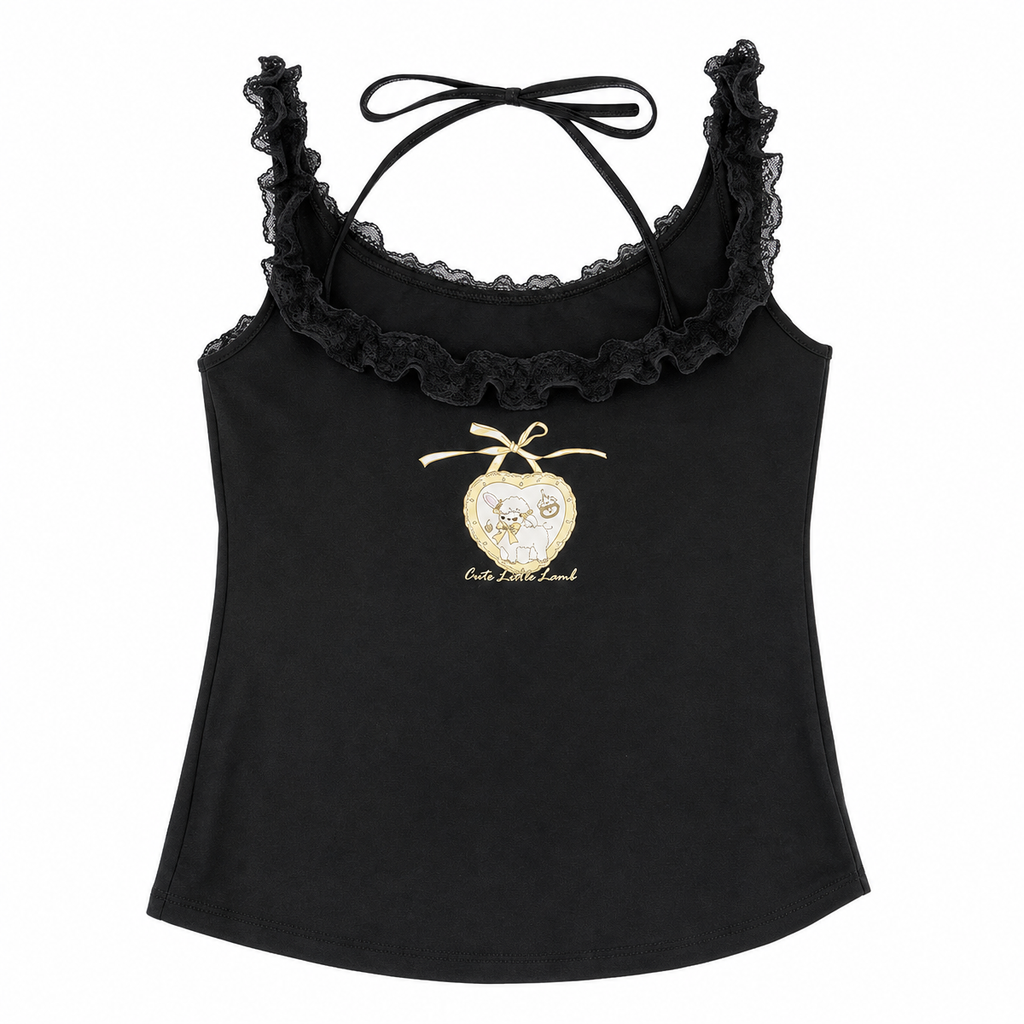 Kawaii Cartoon Lace Trim Camisole Top