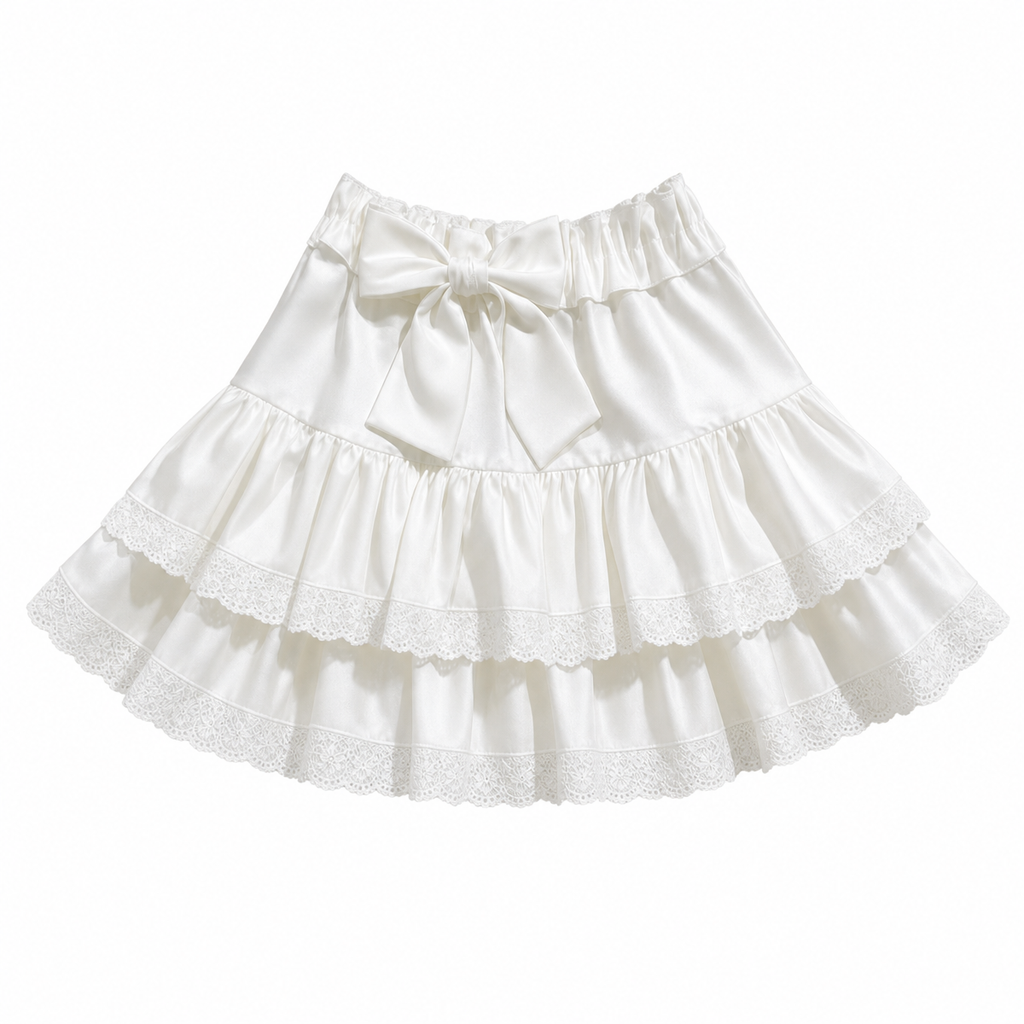 Milk White Kawaii Lolita Pleated Ruffle Skirt with Bow