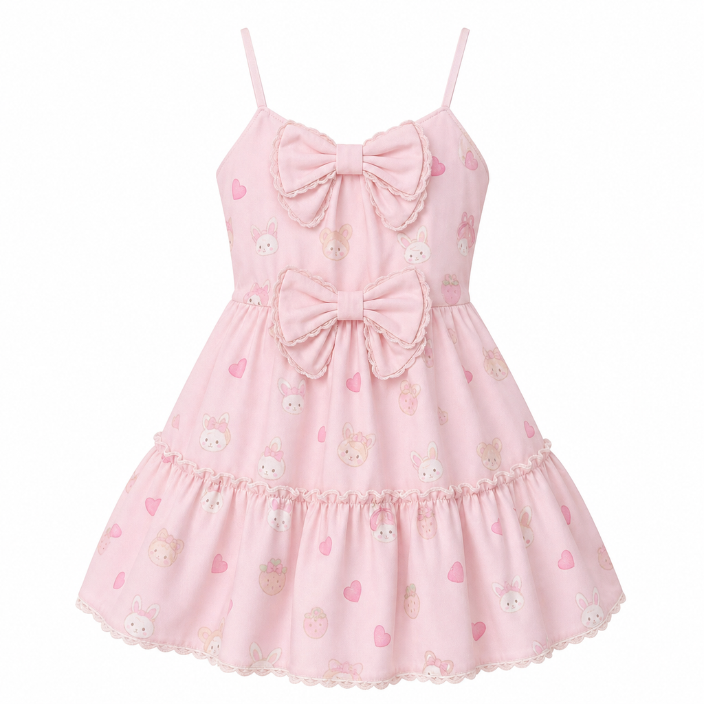 Kawaii Strawberry Print Bow Mini Dress