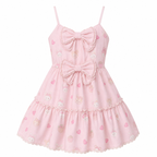 Kawaii Strawberry Print Bow Mini Dress