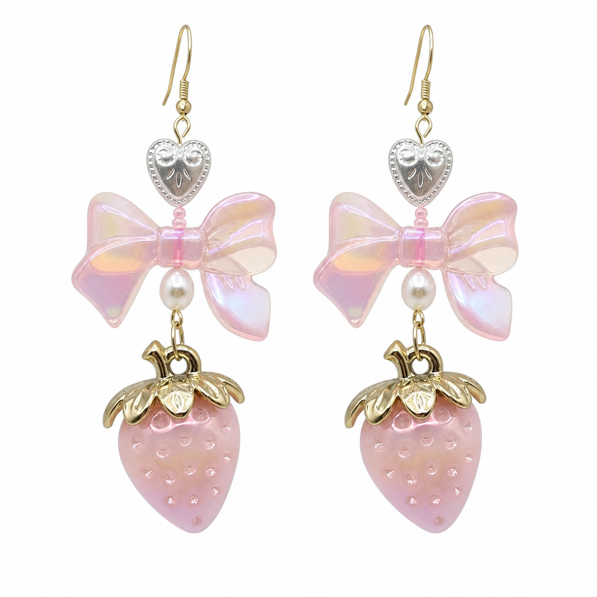 Pastel Strawberry Bow Drop Earrings with Heart and Pearl Details