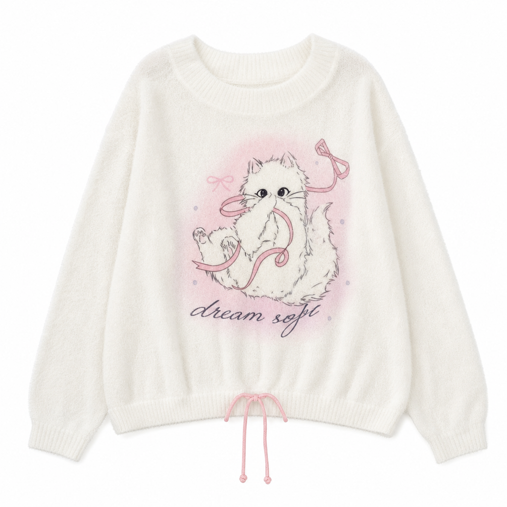 Beige White Cat Graphic Knit Pullover Sweater