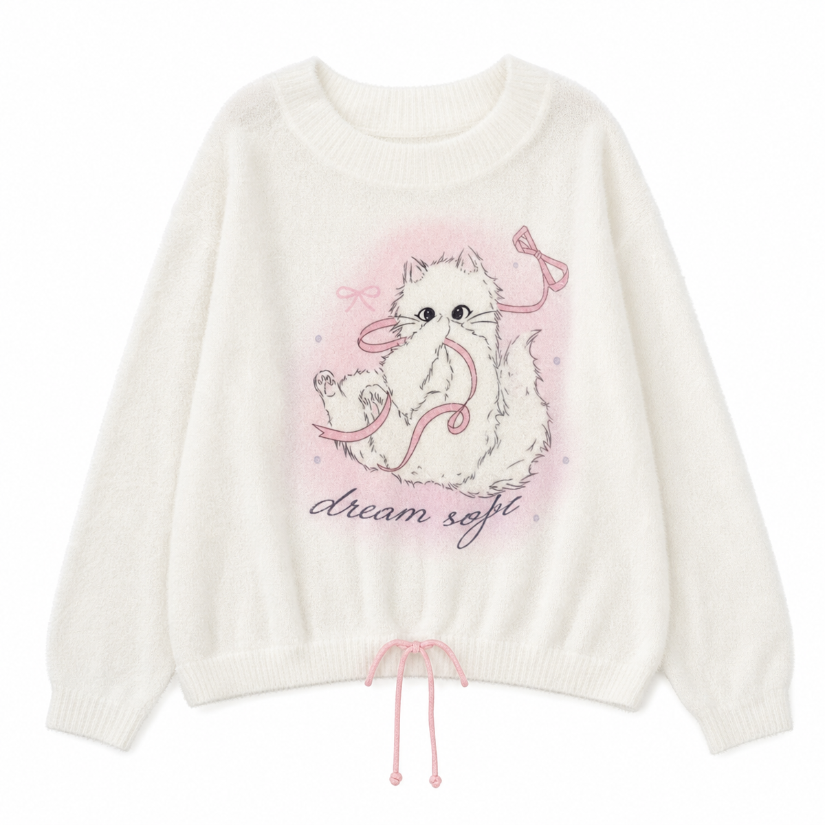 Beige White Cat Graphic Knit Pullover Sweater