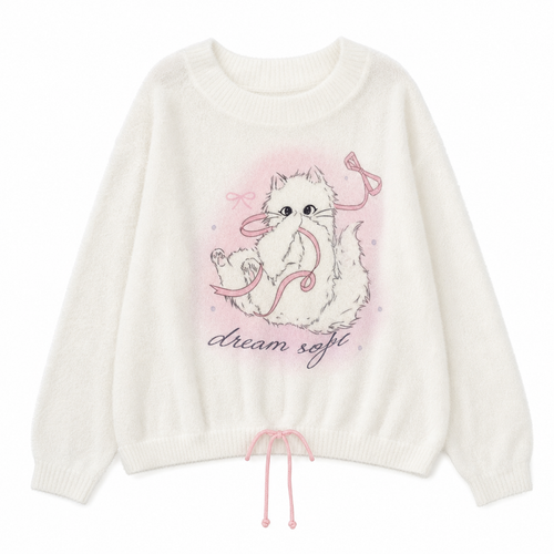 Beige White Cat Graphic Knit Pullover Sweater