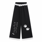 Women's Paw-Print Wide-Leg Pants with Lace Trim