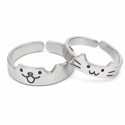 Adjustable Silver Cat and Dog Couple Rings