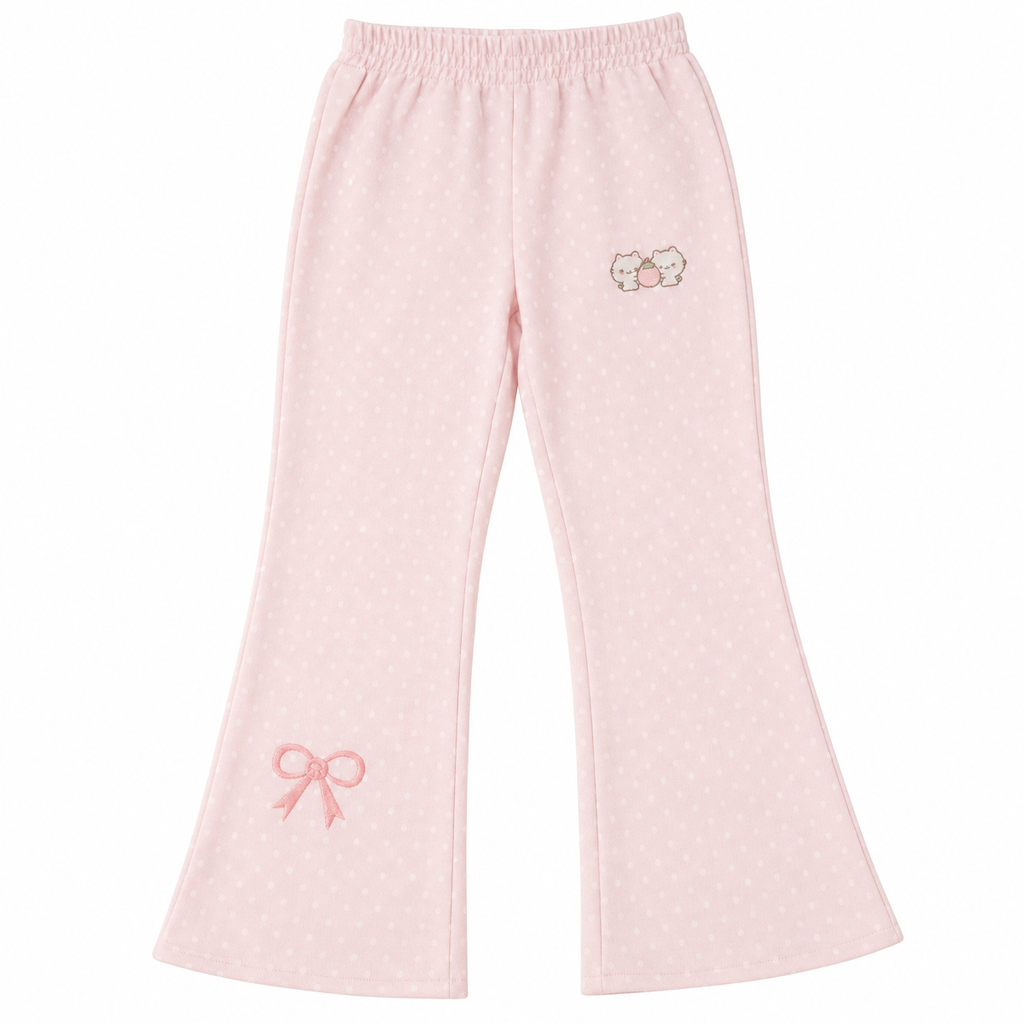 Kawaii Polka Dot Flared Pants with Embroidery