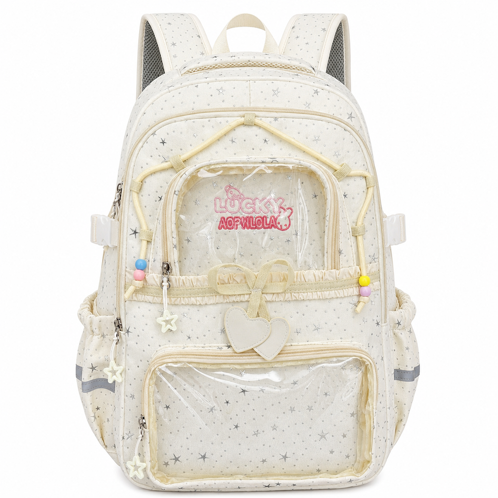 Kawaii Star-Print Multi-Pocket Backpack with Bow and Reflective Details