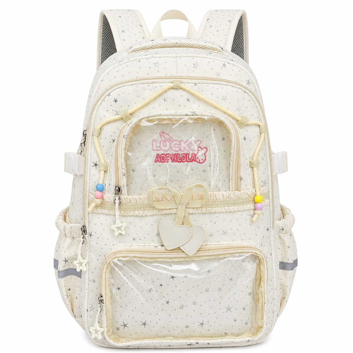 Kawaii Star-Print Multi-Pocket Backpack with Bow and Reflective Details