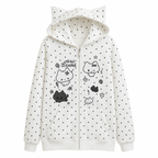 White Kawaii Cat Cartoon Polka Dot Zip-Up Hoodie