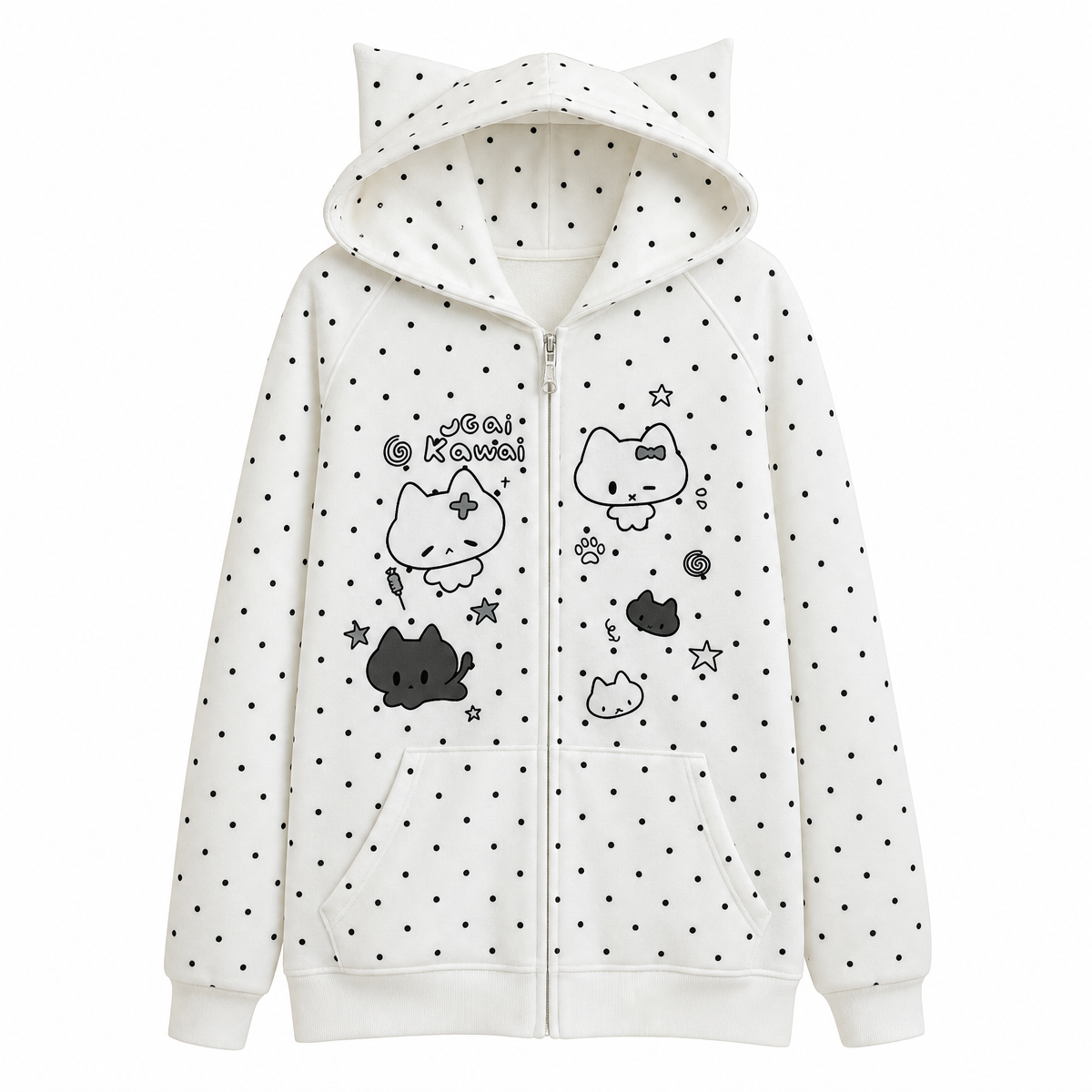 White Kawaii Cat Cartoon Polka Dot Zip-Up Hoodie