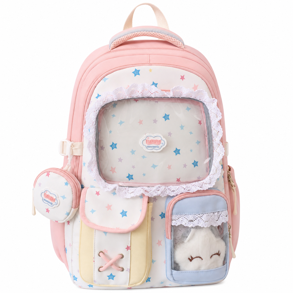 Cute Star Print Lace-Trim Backpack with Plush Front Pocket