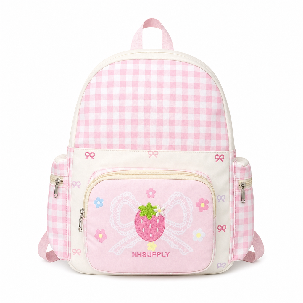 Pink Plaid Strawberry Bow Backpack